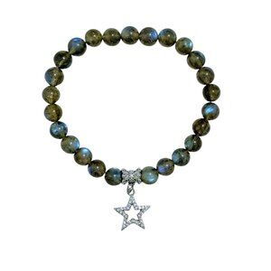 NATURAL FLASHY LABRADORITE BRACELET WITH CUBIC ZIRCONIA CHARM